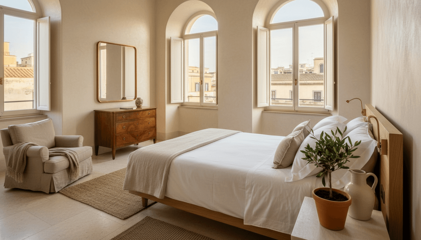 Lussuosa camera da letto con arredi contemporanei e vista sul Centro Storico di Napoli