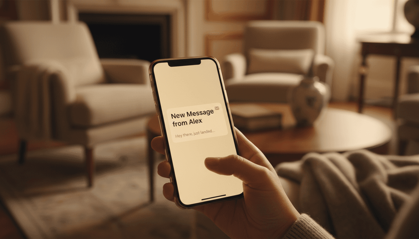 Hand holding a phone displaying a message notification in a luxury hotel room setting with warm ambient lighting