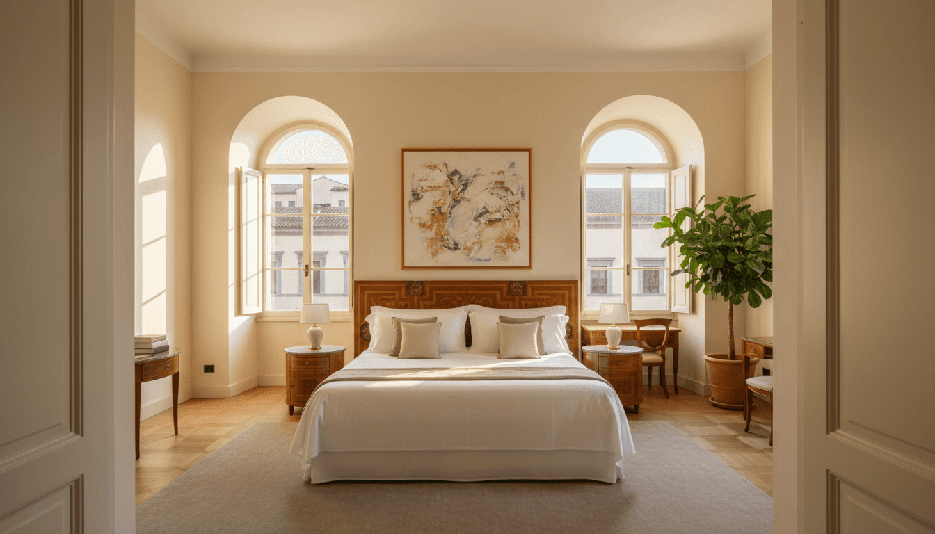 Camera di lusso presso L'Eco del Centro con arredamento contemporaneo e luce naturale calda