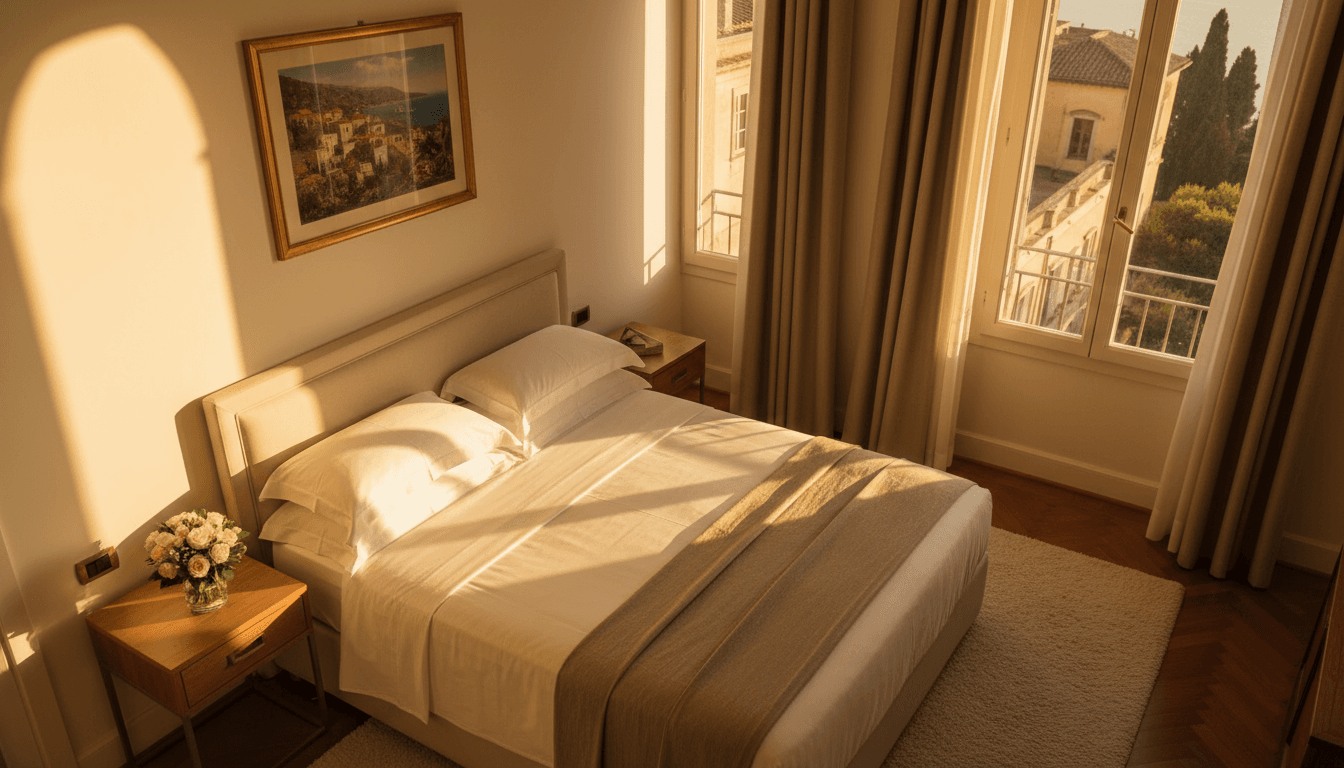 Camera di lusso con letto elegante, finestre ad arco e dettagli di design napoletano